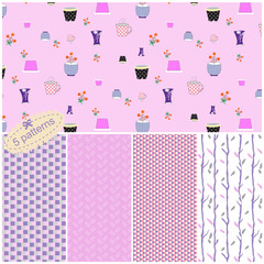 Vector set of five seamless pattern collection with cute flower pots symbols, Lines and geometric elements.
