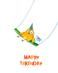 Chicken on swing with flower. Happy birthday. Watercolor