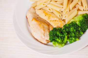 chicken fillet with penne pasta and broccoli
