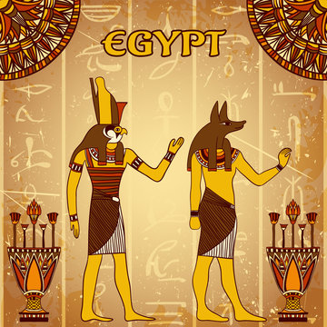 Vintage poster with egyptian gods on the grunge background with silhouettes of the ancient egyptian hieroglyphs. Retro hand drawn vector illustration