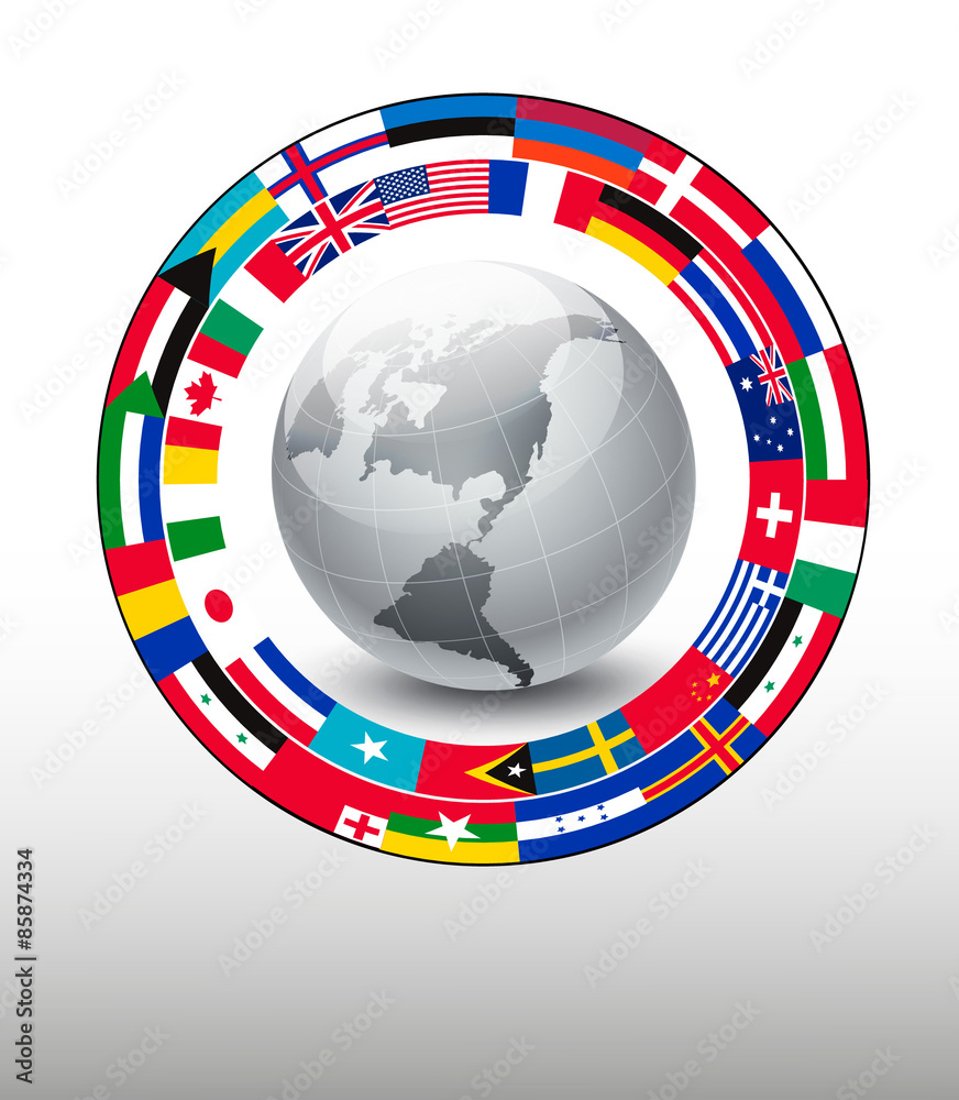 Wall mural travel background. globe with a strip of flags. vector.