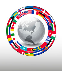 Travel background. Globe with a strip of flags. Vector.
