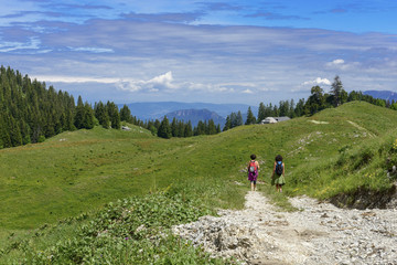 Fototapeta na wymiar Two hikers walking in the mountains