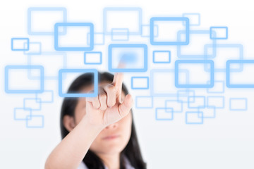 Girl pushing high technology button with computer screen