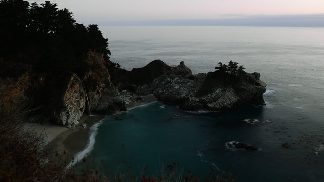  Time lapse footage with zoom in motion of Mc Way Falls at Dusk in Julia Pfeiffer Burns State Park, Big Sur, California