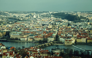 Fototapeta premium Above view of Old Prague tinted image