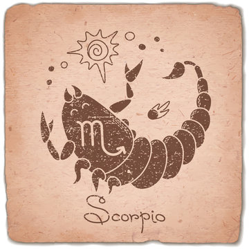 Scorpio zodiac sign horoscope vintage card.