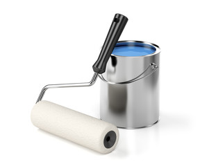 Paint roller and blue paint