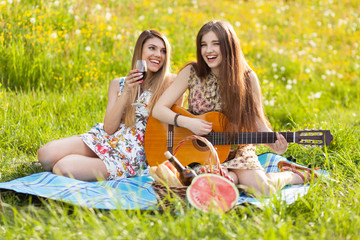 Two beautiful young women on a picnic