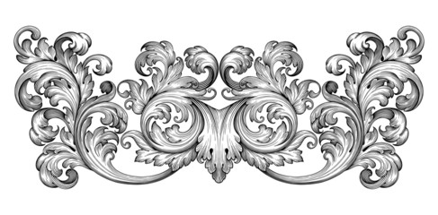 Vintage baroque frame leaf scroll floral ornament engraving border retro pattern antique style swirl decorative design element black and white filigree vector