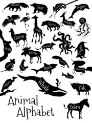 Animal alphabet poster for children. Animal silhouettes with