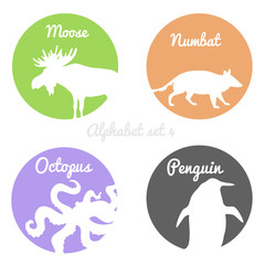 Color animals silhouettes labels in colorful circles. Wild