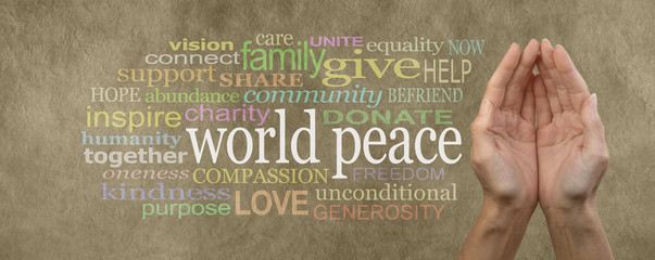 Contribute to World Peace Campaign Banner - female cupped hands palm up with the words 'world...