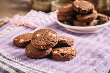 Chocolate and hazelnuts cookies  on cloth