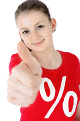 Frau Daumen hoch für Sonderaktion, Prozente, Rabatt, Schlussverkauf, Räumungsverkauf,...