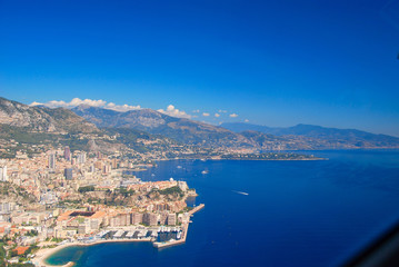 view of the french riviera, Monaco, cote D'azure coast line from the sky