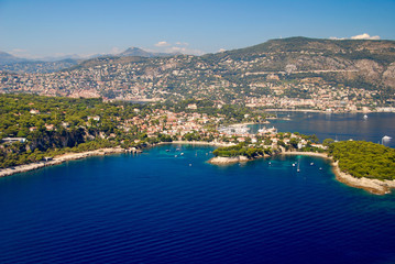 view of the french riviera, St jean cap ferrat, cote D'azure coast line from the sky