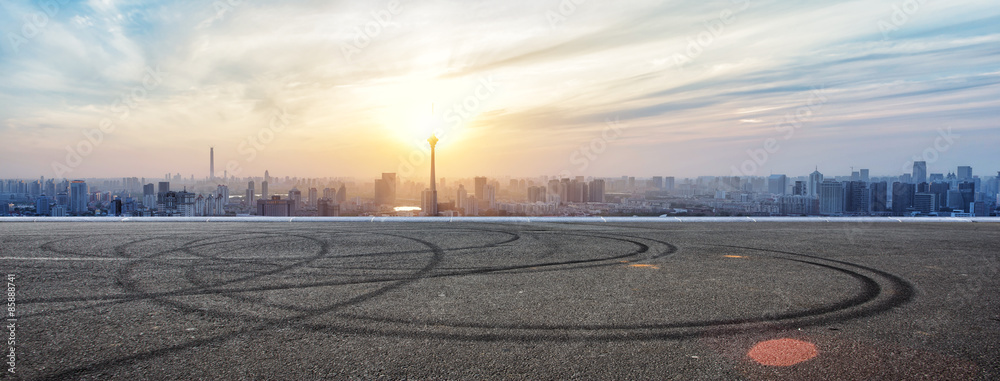 Poster panoramic skyline and buildings with empty concrete square floor