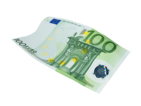 flying one banknote 100 euro isolated on white