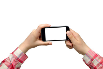 Young woman holding smartphone - isolated on white background
