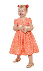 The blonde girl in long pink dress