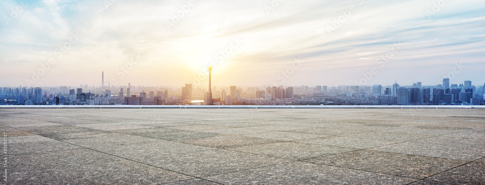 Poster Panoramic skyline and buildings with empty concrete square floor