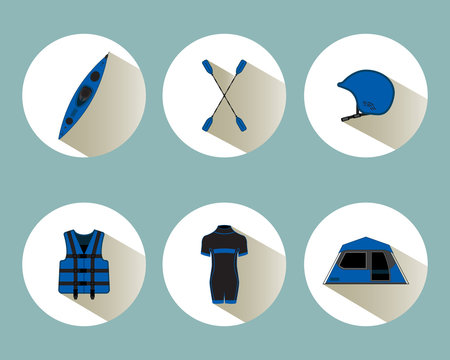 Rafting set icons with shadows in blue color