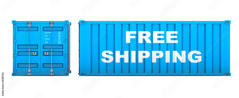 Poster Shipping Container with Free Shipping Sign. 3d rendering