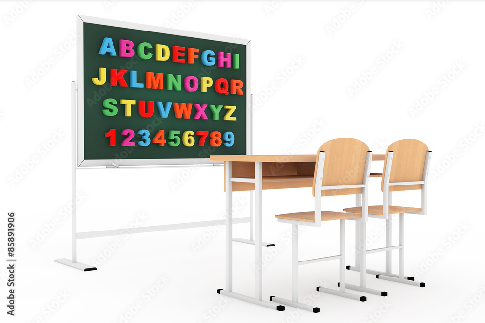 Poster classroom with blackboard and desk