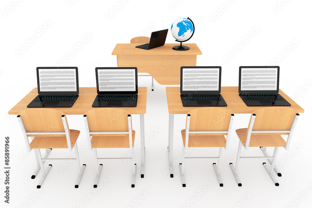 Poster modern classroom concept. school desks with laptops in classroom