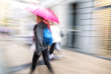 Blurred pedestrian in the city, zoom effect, motion blur