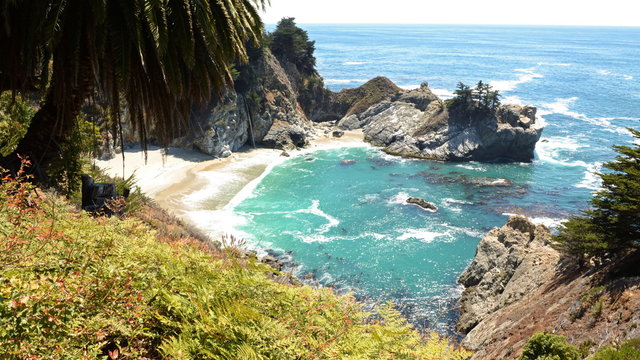  Motion controlled dolly time lapse footage with zoom in motion of Mc Way Falls at daytime in Julia Pfeiffer Burns State Park, Big Sur, California