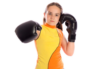 Young boxer girl on white studio background
