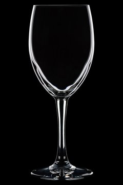 Perfect, clean, red wine glass against a black background