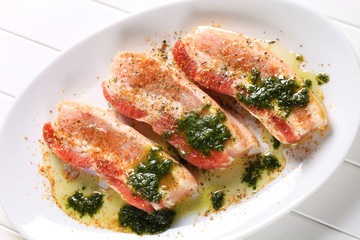 Marinated slices of pork belly