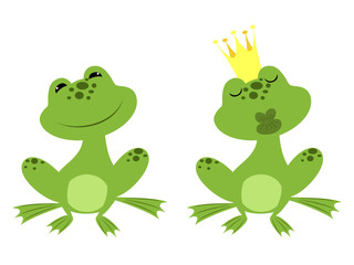 regular sitting frog and charmed prince frog in a golden crown waiting for a kiss