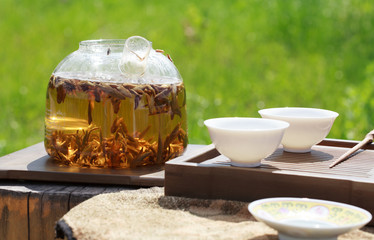 Traditional Chinese tea ceremony, tea leaves in boiling water 