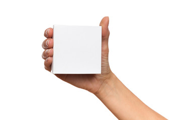 Close up of woman's hand holding white carton box. Studio shot isolated on white. - 85895501