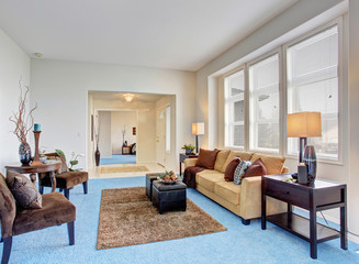 Georgous living room with bright blue carpet.
