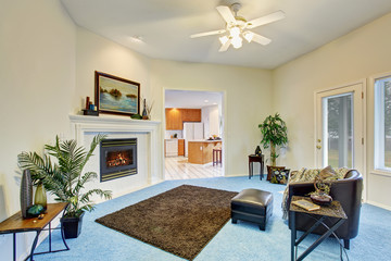 Georgous living room with bright blue carpet.