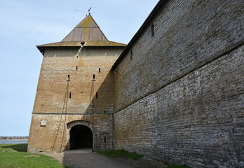 Fototapeta premium Gosudareva tower of the fortress at Shlisselburg city. Fortress called Oreshek (Nut fortress)