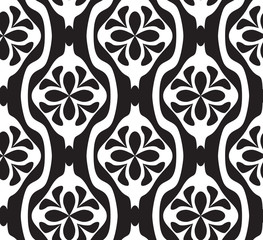Black and white seamless geometric pattern with decorative flowe