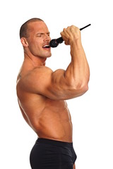 Karaoke with muscle man shirtless on white background 