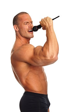 Karaoke With Muscle Man Shirtless On White Background 