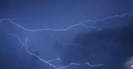 Strike of lightning in the night sky