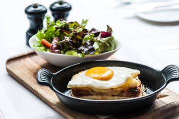 Breakfast menu with beautiful fried eggs and bread