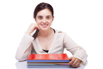 Female student looking at camera on white background