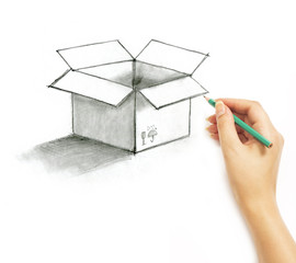 Hand draws a pencil post box on a white