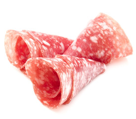 Salami sausage slices isolated on white background cutout