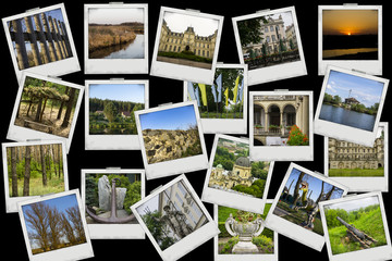 Fototapeta na wymiar Mosaic collage mix travel with pictures of different places, landscapes and objects shot by myself on black background